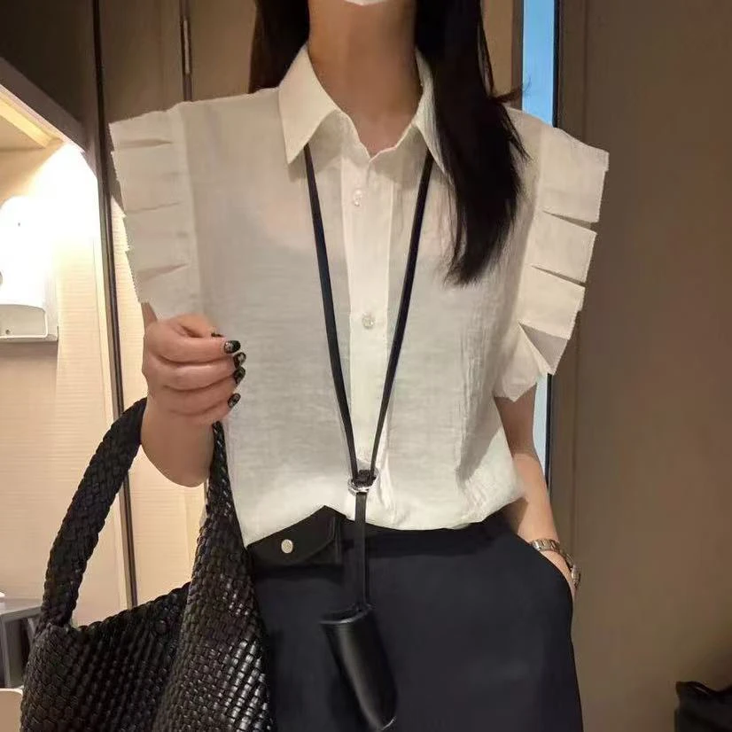 LMM 133 2025夏季新款韩版时尚百搭显瘦翻领无袖衬衫女宽松飞飞袖