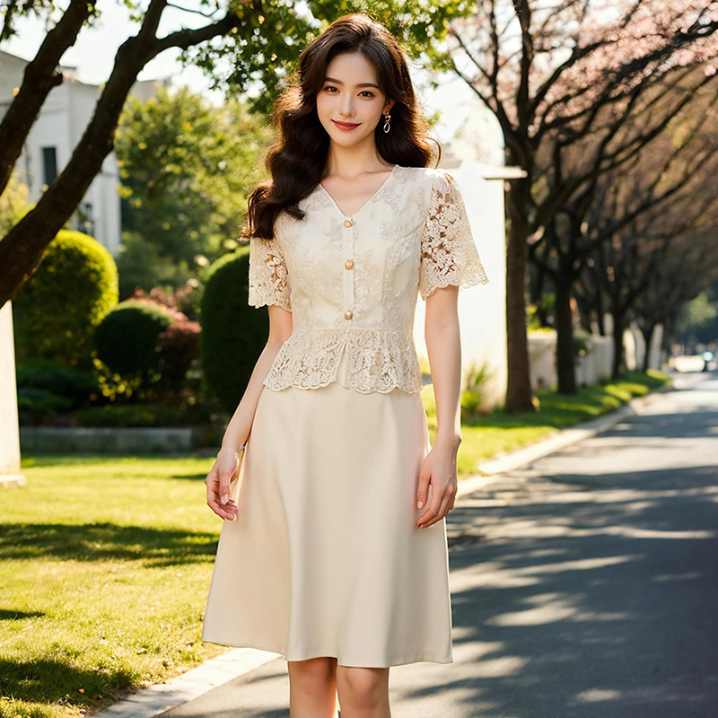 奢姿大码女装2025夏季气质提花连衣裙胖妹妹假两件V领时尚裙子