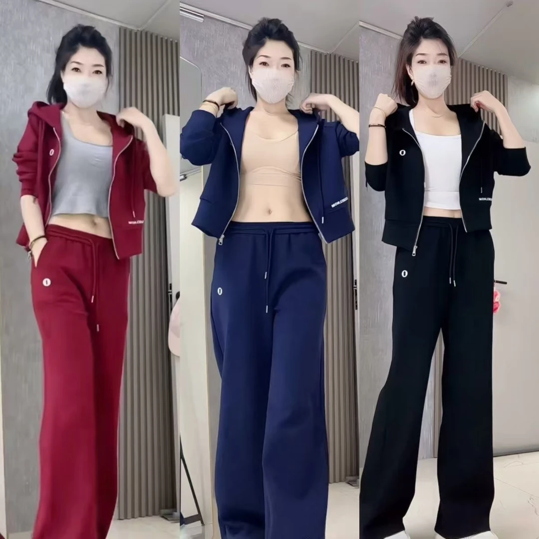 2025春秋新款韩版休闲运动服套装女显瘦连帽卫衣窄版阔腿裤两件套