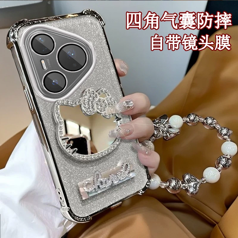 水钻KT猫补妆镜子华为Pura80手机壳Pura80Pro+四角防摔Pura80Ultr