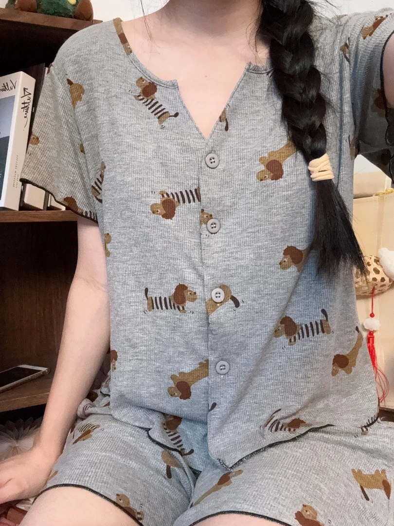 【腊肠狗】~新款带胸垫短袖可外穿时尚家居服套装