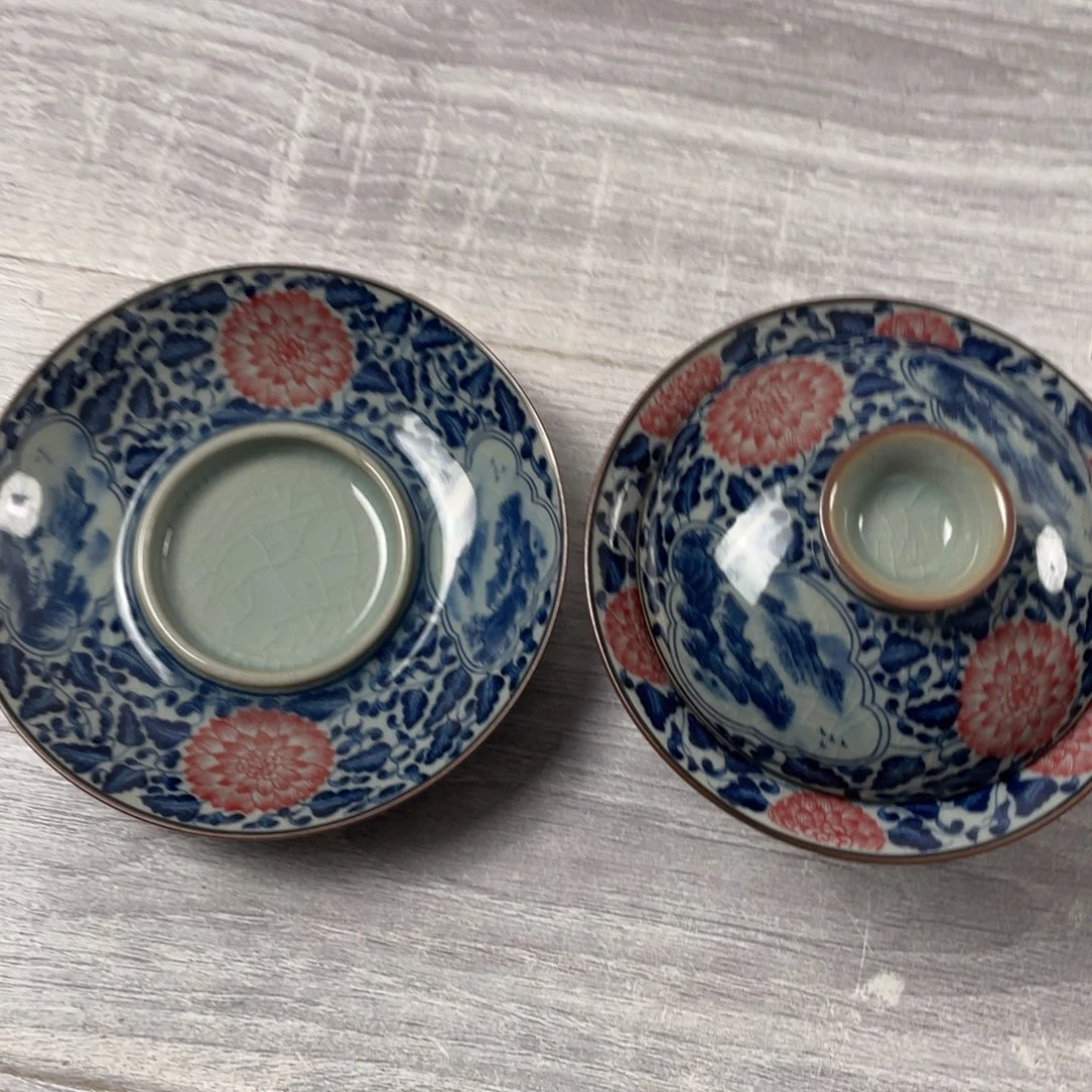 杯缠枝莲菊花元宝盖碗微瑕