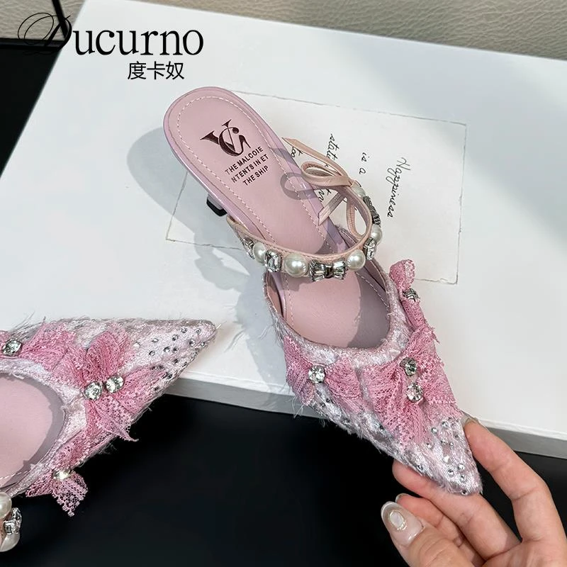 DUCURNO法式绝美水钻蝴蝶结包头半拖鞋女夏季优雅尖头高跟穆勒鞋
