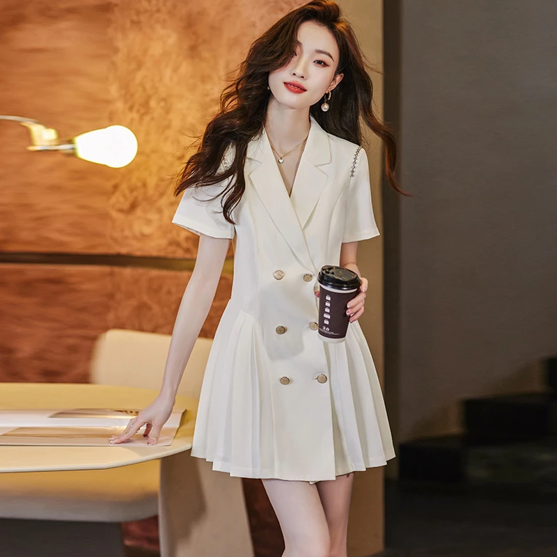白色西装短袖连衣裙女2025新款春夏季小个子职业气质高级收腰修身