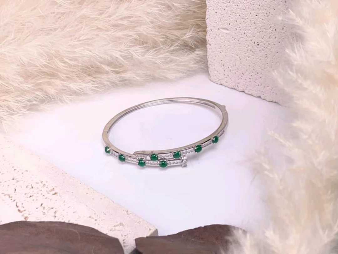 【要努力】B571 翡翠银925镶嵌 翡翠八面银镯