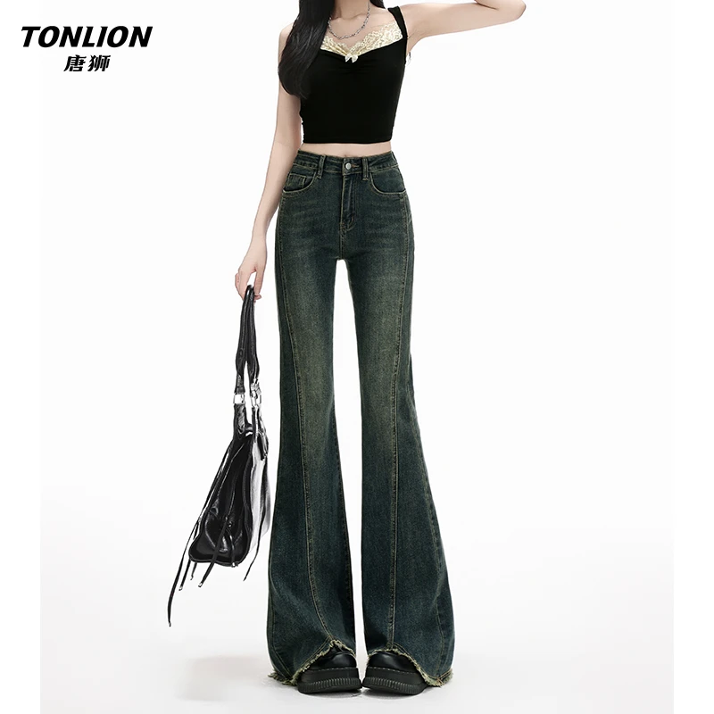 唐狮辣妹复古蓝毛边微喇叭牛仔裤女秋季新款高腰修身显瘦马蹄裤