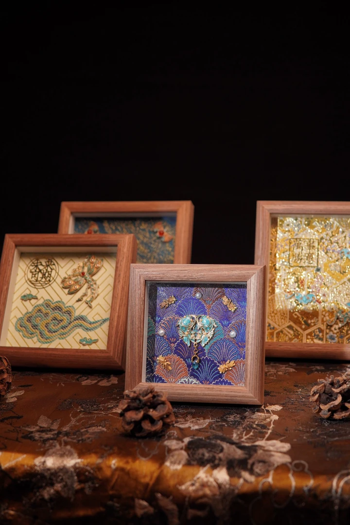 国风四小方手工国风立体珐琅彩织锦摆台画新中式装饰画礼品画