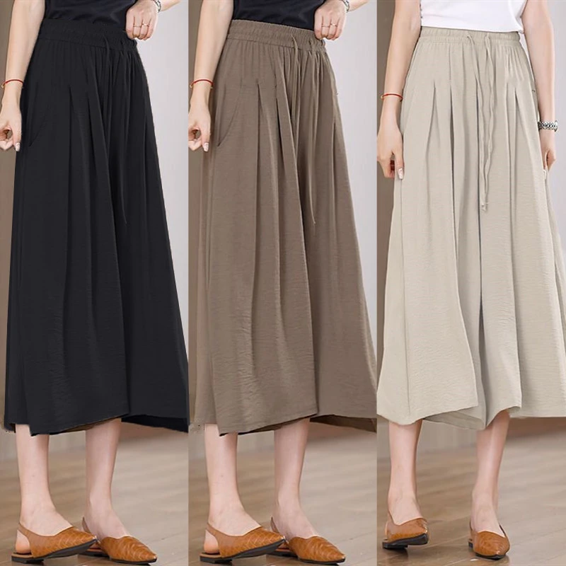 新款冰丝皱七分裤子女夏季薄款裙裤宽松垂感阔腿裤高腰显瘦休闲裤
