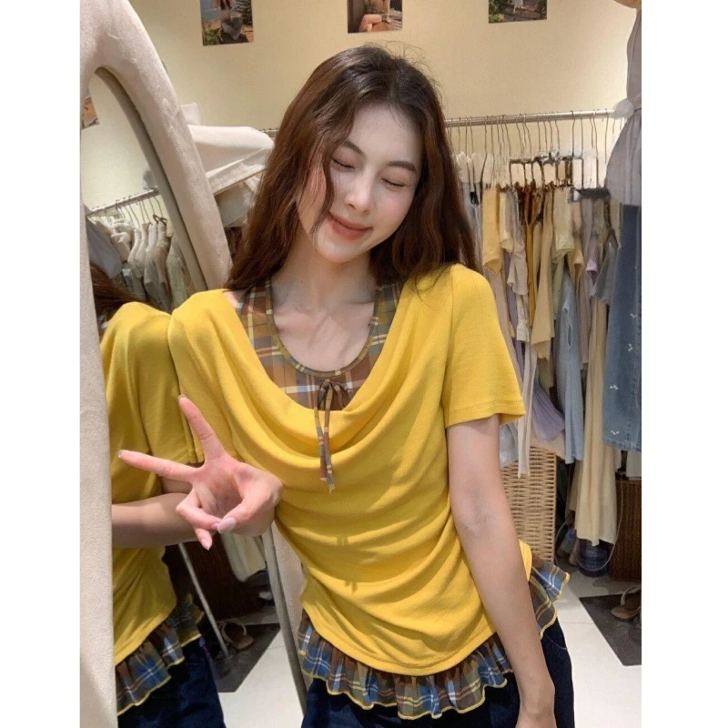 夏季别致撞色格纹假两短袖T恤女2025外穿遮肚时尚格子拼接上衣