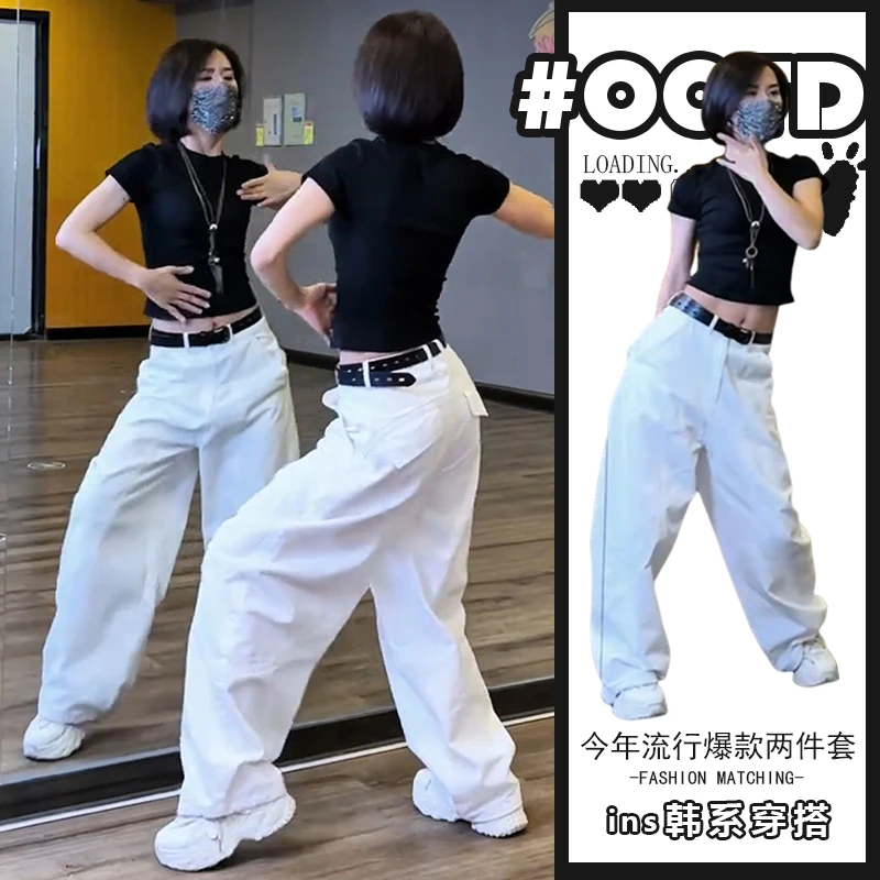 百搭显瘦修身休闲黑色短袖上衣夏季时尚宽松洋气直筒阔腿裤两件套