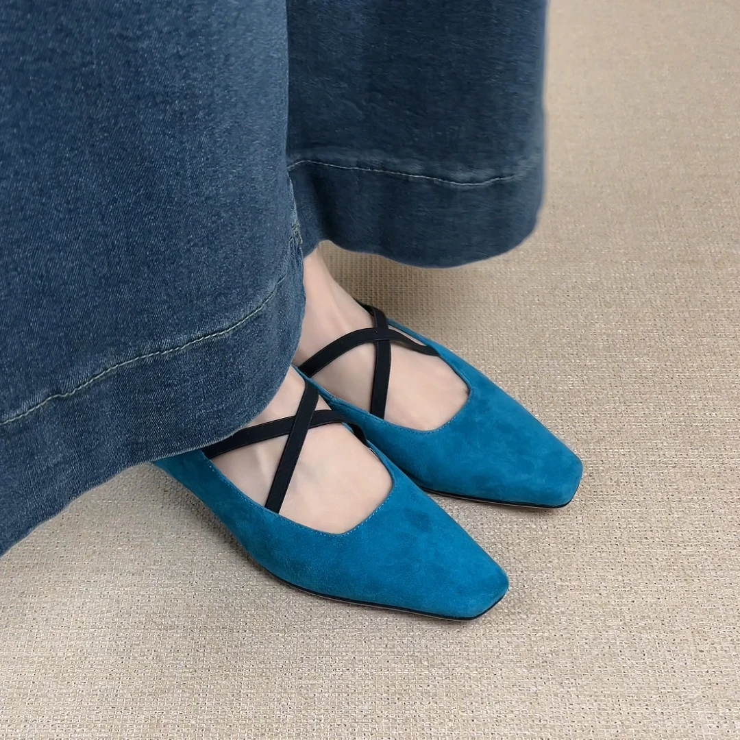 NNMISS·34-39/2cm小众法式斜方头浅口交叉松紧带新款波点平底单鞋