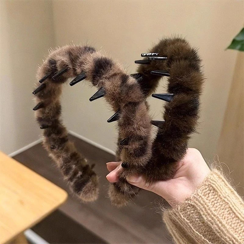 毛绒韩系豹纹复古带齿防滑发箍女