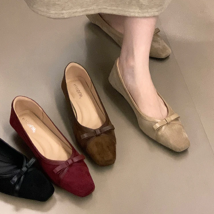 法式复古方头蝴蝶结低跟单鞋女2025秋季新款一脚蹬浅口瓢鞋通勤鞋