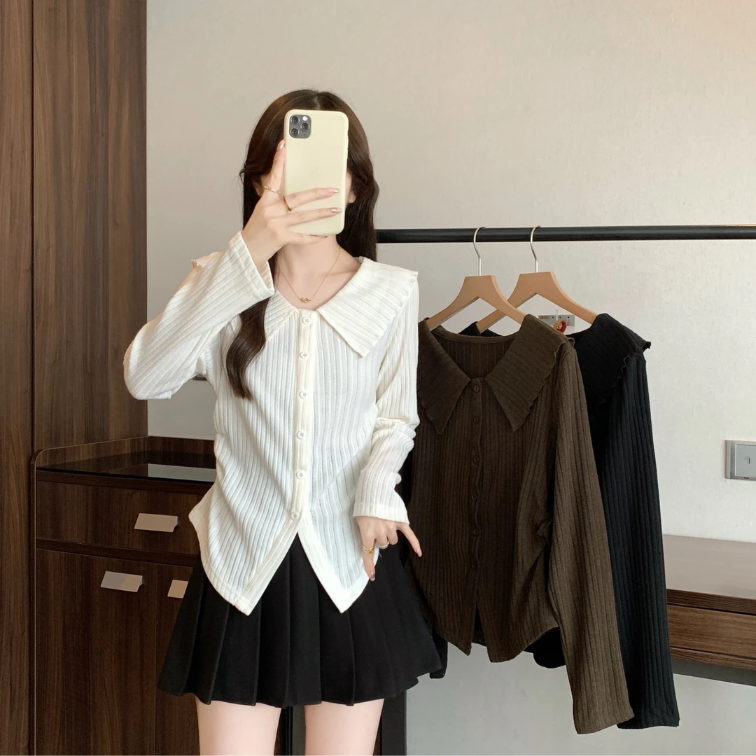 清2025秋胖mm大码法式娃娃领长袖衬衫掐腰显瘦不规则上衣80390