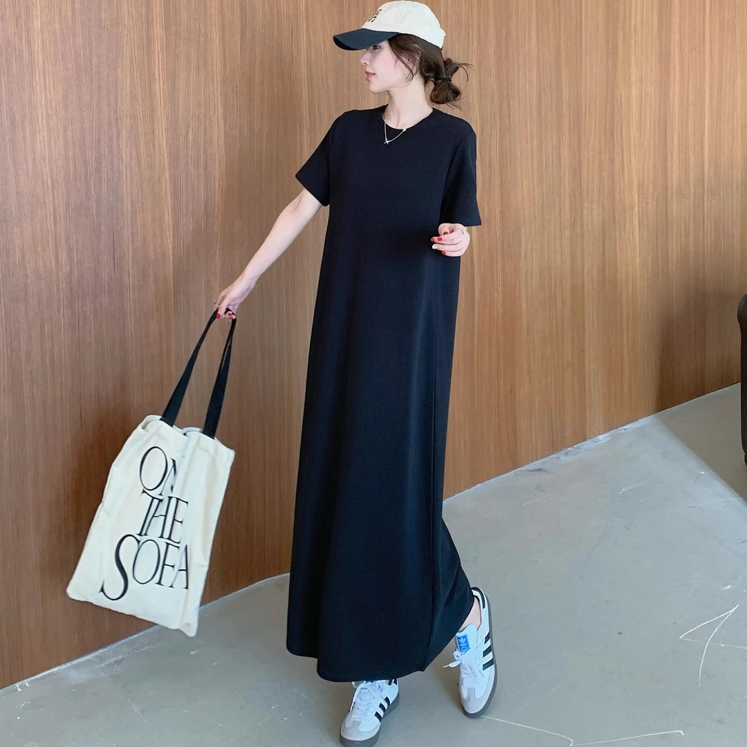 赫本风黑色圆领连衣裙女夏季新款气质大码宽松显瘦遮肚肚短袖长裙