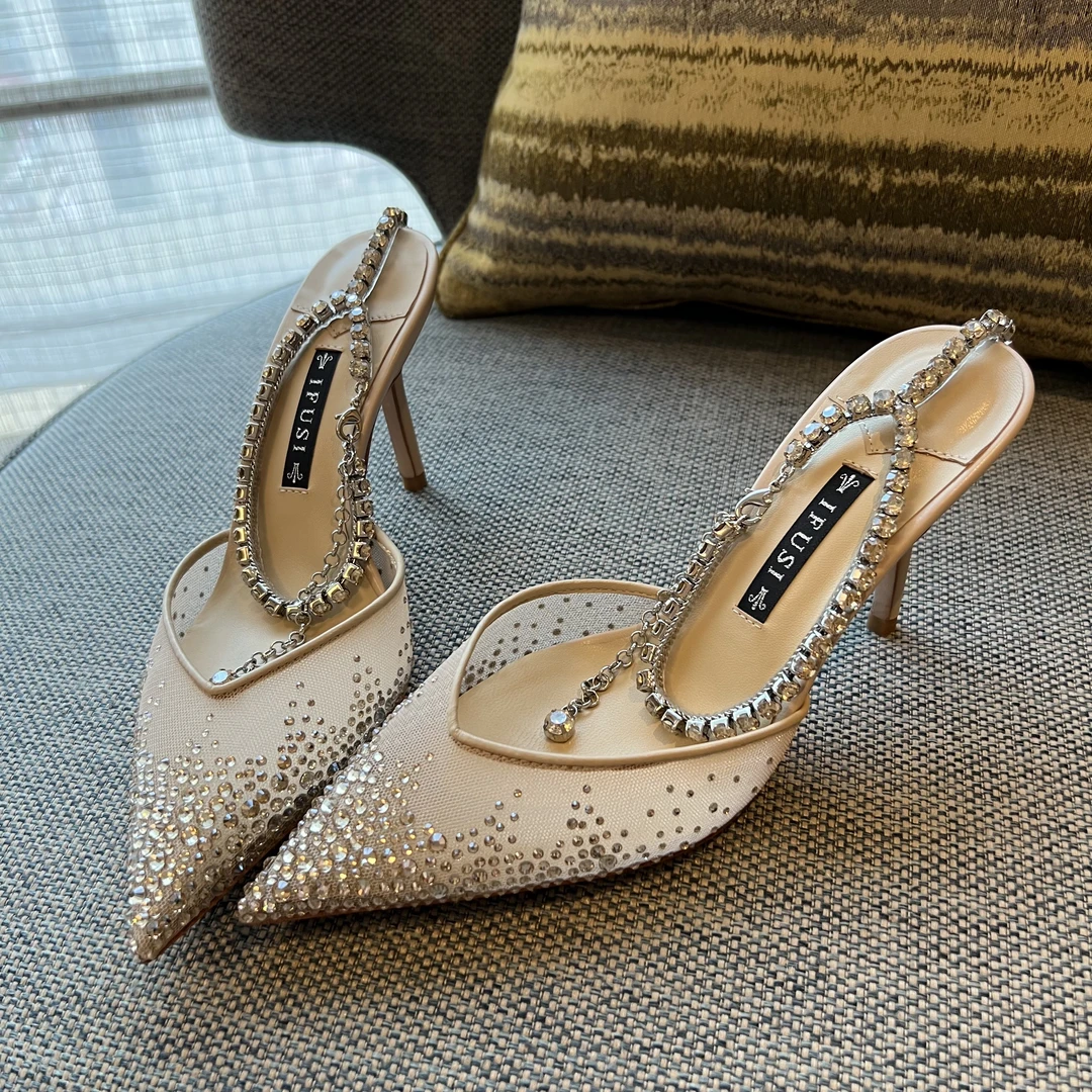 时尚轻奢美人之泪网纱烫钻真皮大底尖头凉鞋高跟鞋 3398-2