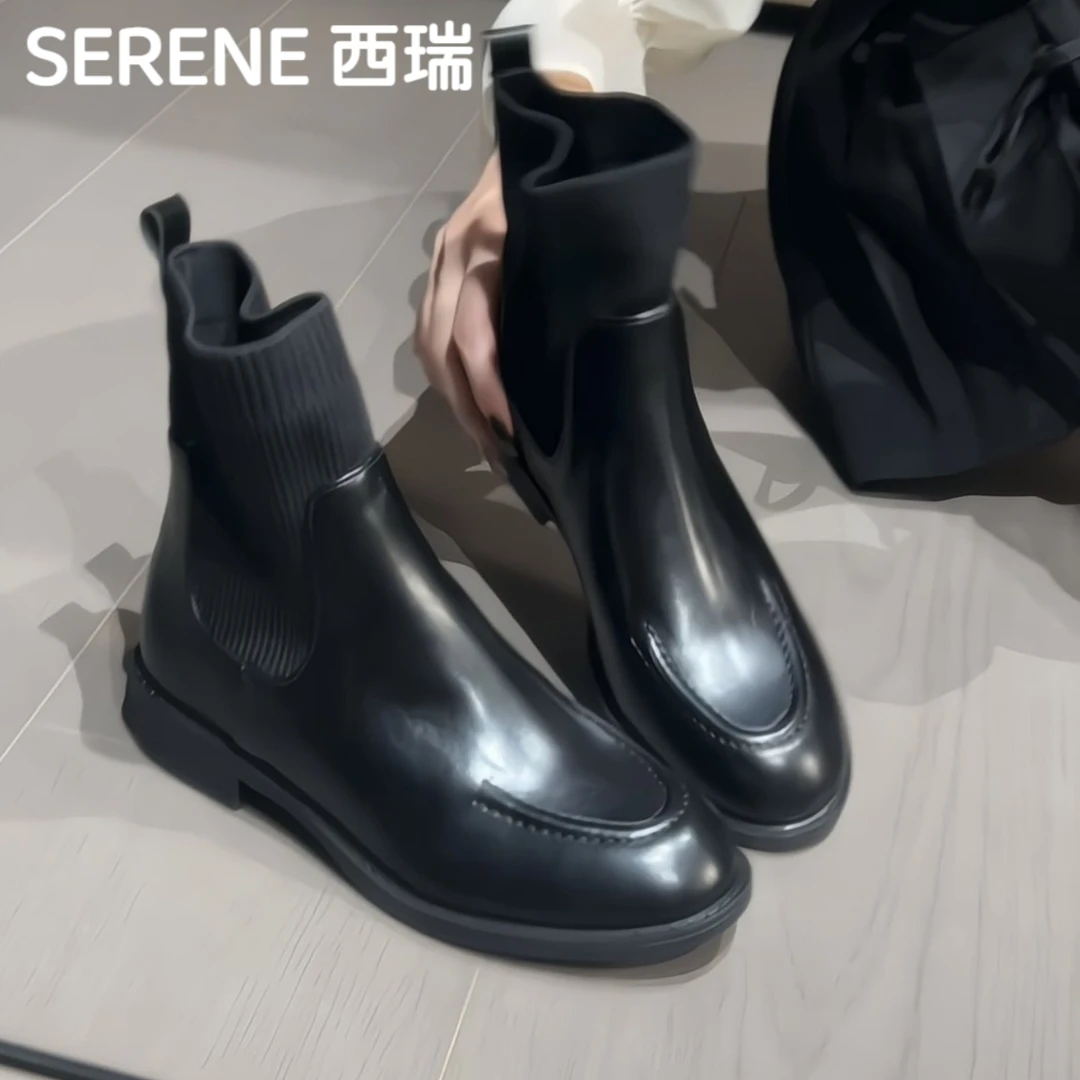 西瑞黑色厚底弹力短靴秋冬明星同款鞋女款高颜值厚底鞋国潮鞋子