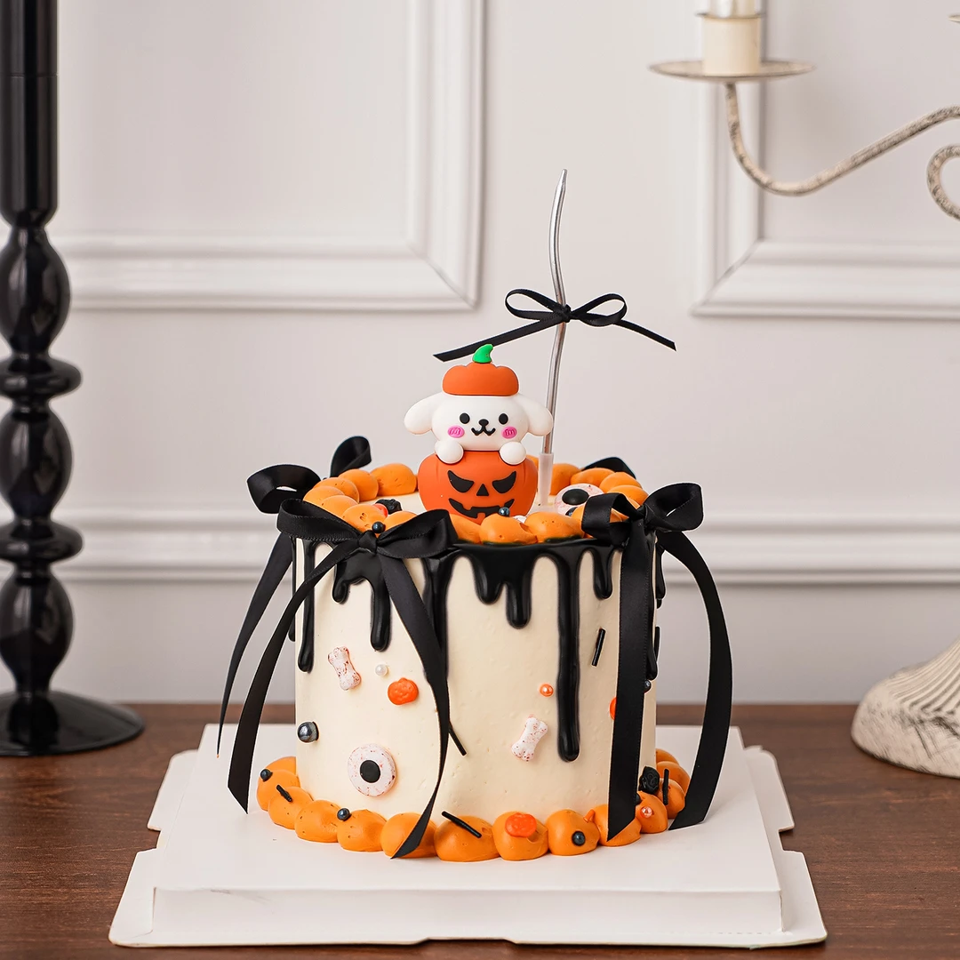 2025万圣节蛋糕装饰南瓜小狗摆件丝带蝴蝶结万圣节快乐甜品装扮