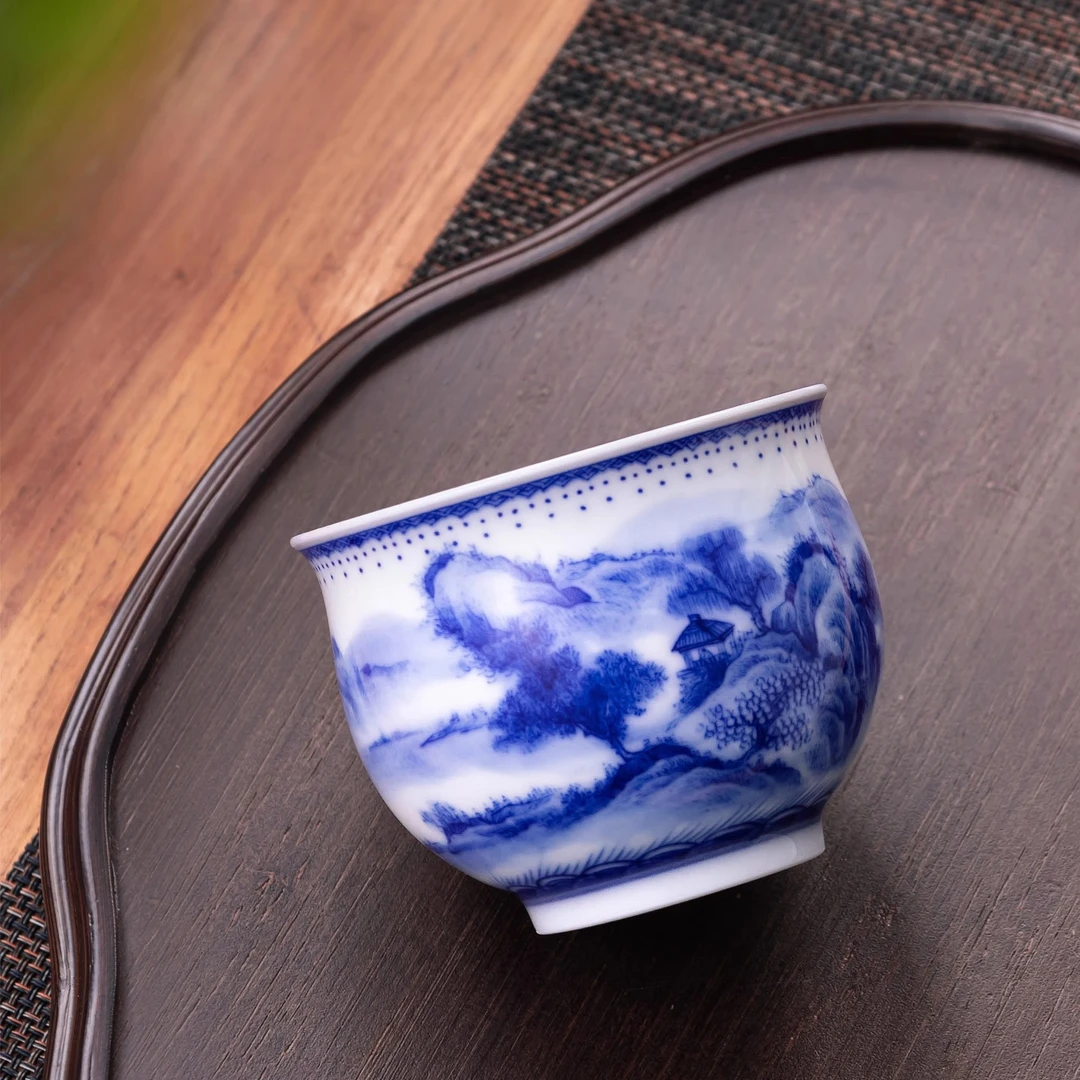 景德镇仿古青花茶杯手工纯手绘山水品茗杯主人杯客杯单杯功夫茶杯