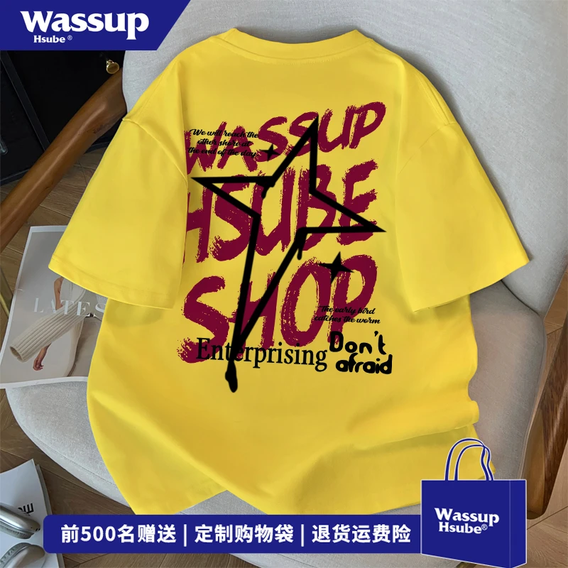 WASSUP HSUBE美式hiphop潮流字母短袖男夏季街头宽松黄色正肩上衣