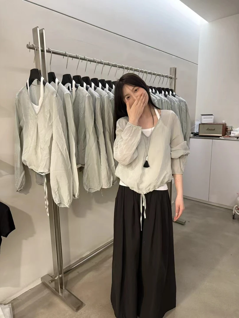 夏季新款休闲百搭苎麻袖口松紧法式慵懒防晒女衬衫