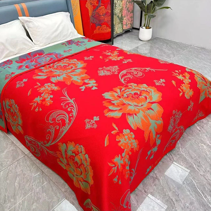 大红牡丹床盖纯棉纱布回礼加厚床盖230X250cm盖毯结婚大红色喜庆