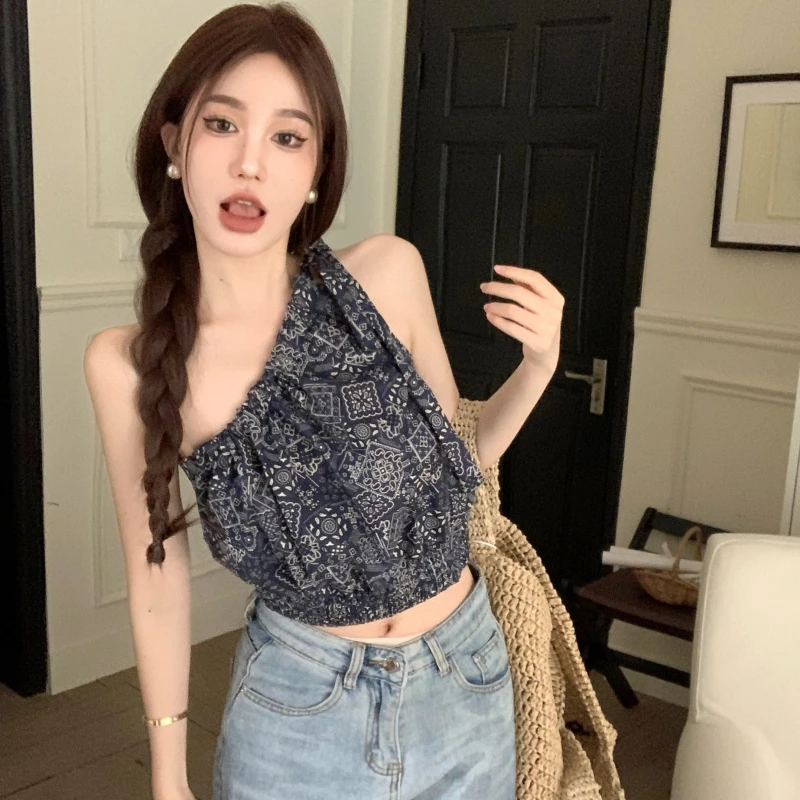 辣妹短款夏季复古外穿设计感印花碎花性感小众修身纯欲吊带背心女