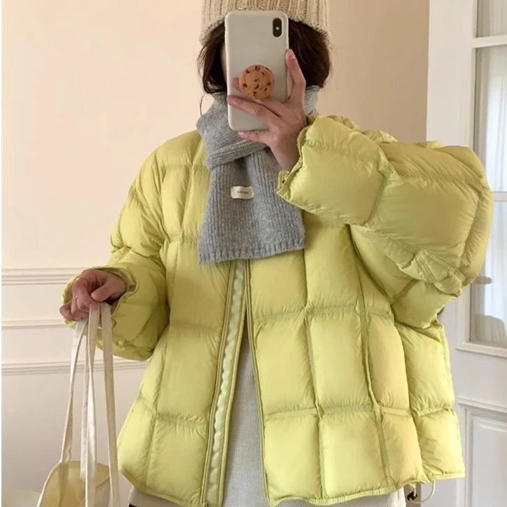 2025新款时尚短款韩系棉服女甜美圆领方格宽松保暖面包服