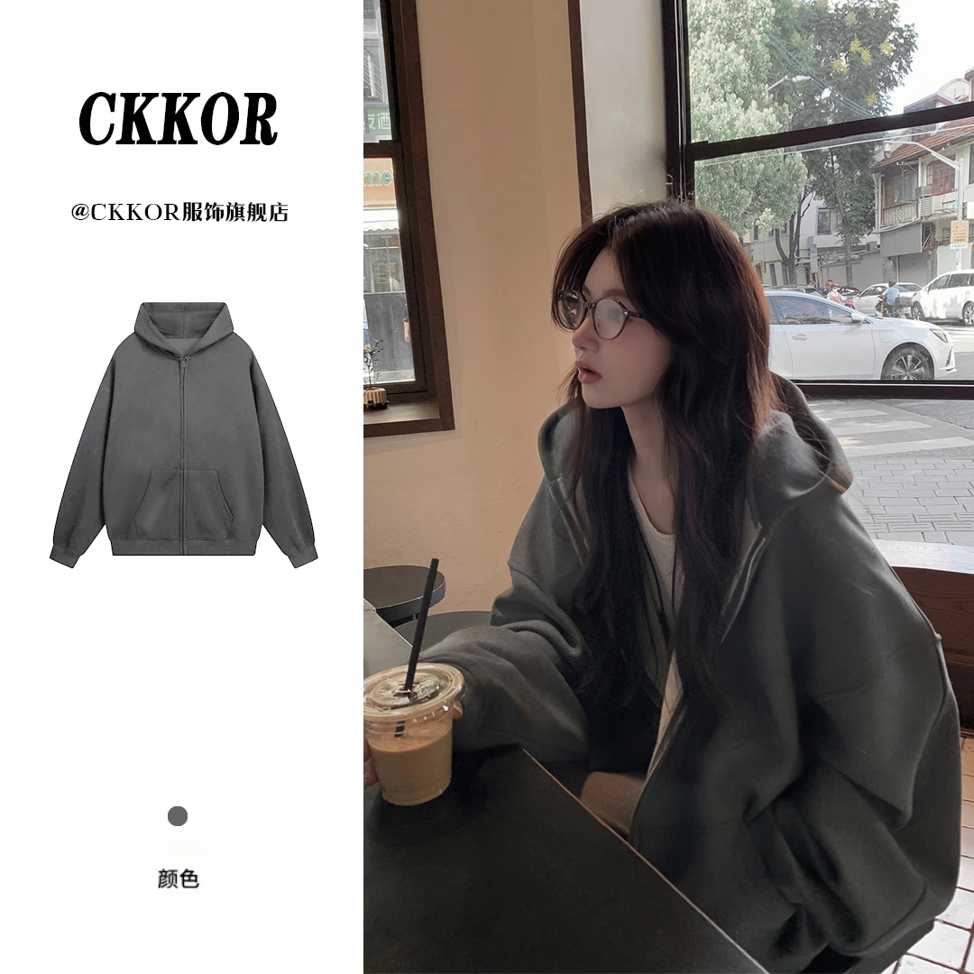CKKOR秋季新款休闲连帽拉链短外套女宽松显瘦慵懒风薄款开衫卫衣