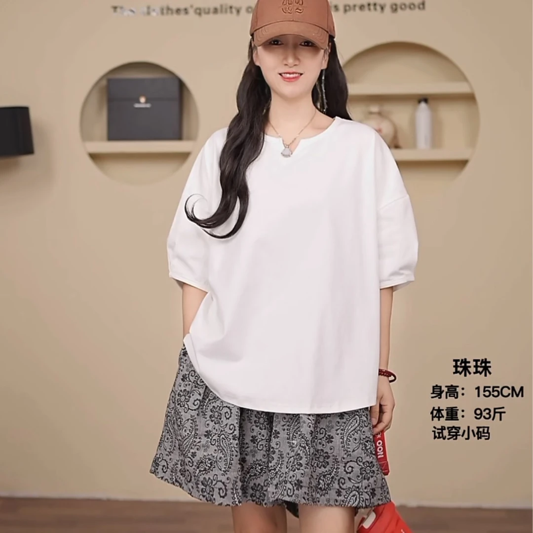 夏季甜美可爱风格衣服宽松圆领灯笼袖五分袖显瘦设计感短袖T恤女