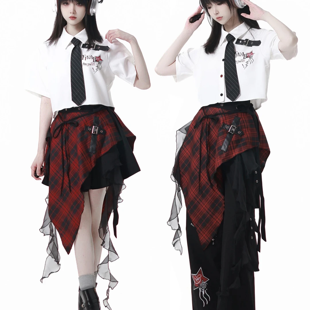 PINKSAVIOR【夏野际遇】红黑撞色衬衫设计感显瘦不规则长裤半裙