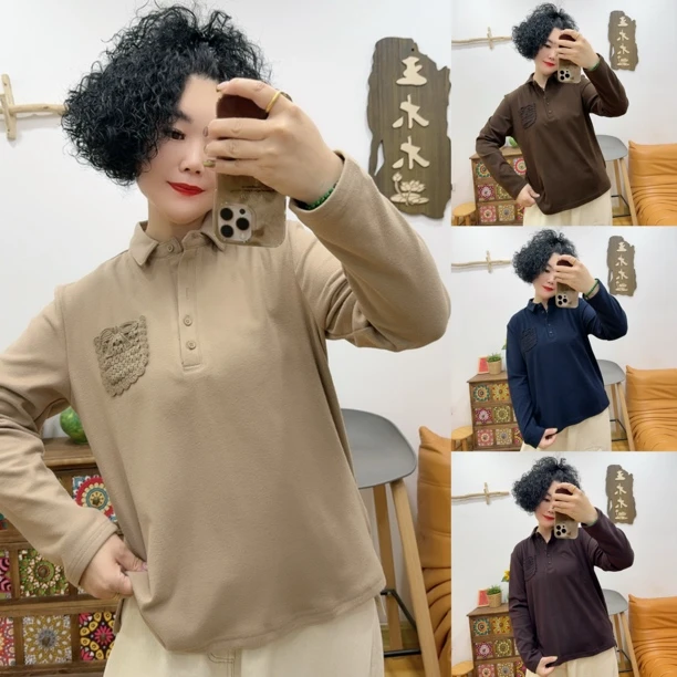 2577#蕾丝口袋翻领磨毛T恤「衣长约65cm」