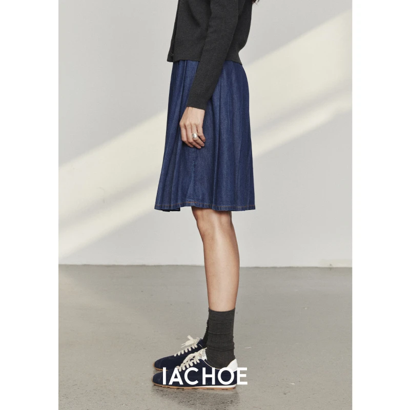 棉仓【IACHOE】--秋季新品mui风百褶通勤A字版牛仔半裙3561517005