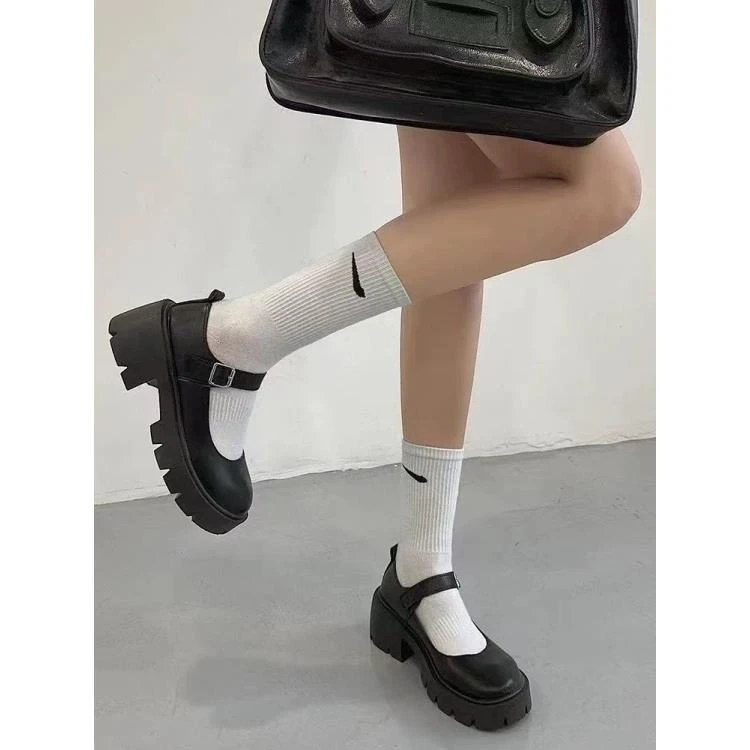 A652薄款粗跟中跟百搭乐福鞋浅口单鞋高跟学院风修面皮