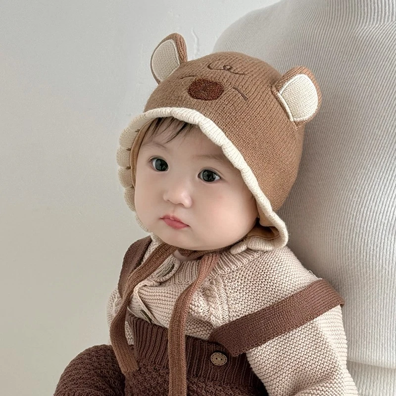 婴幼儿帽子秋冬女宝毛线帽小月龄男宝超萌卡通冬季保暖针织护耳帽