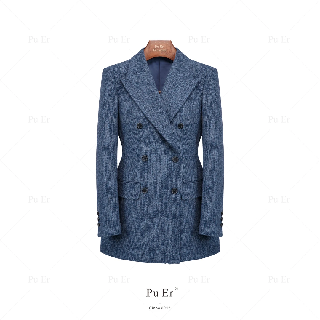 璞迩深黛蓝粗纺羊毛沙漏腰双排扣单西