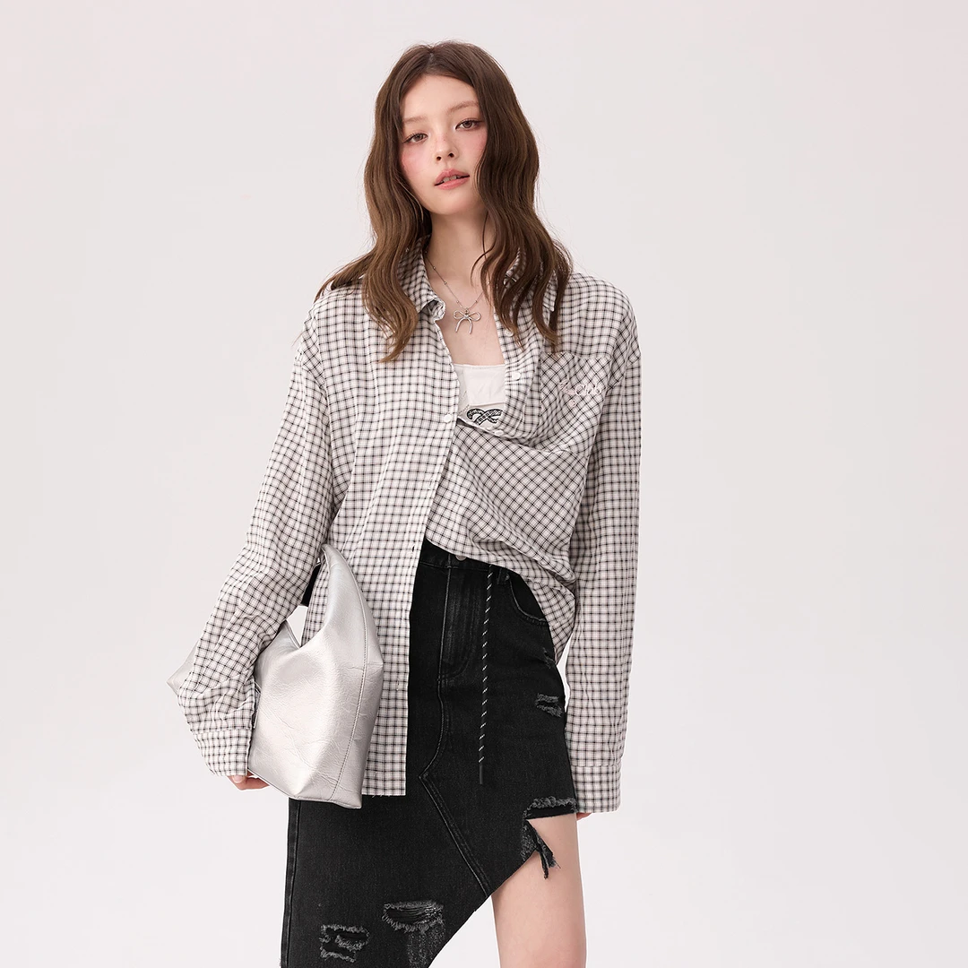 CHUU夏季女装基础设计格纹撞色美式学院风百搭宽松舒适风衬衫