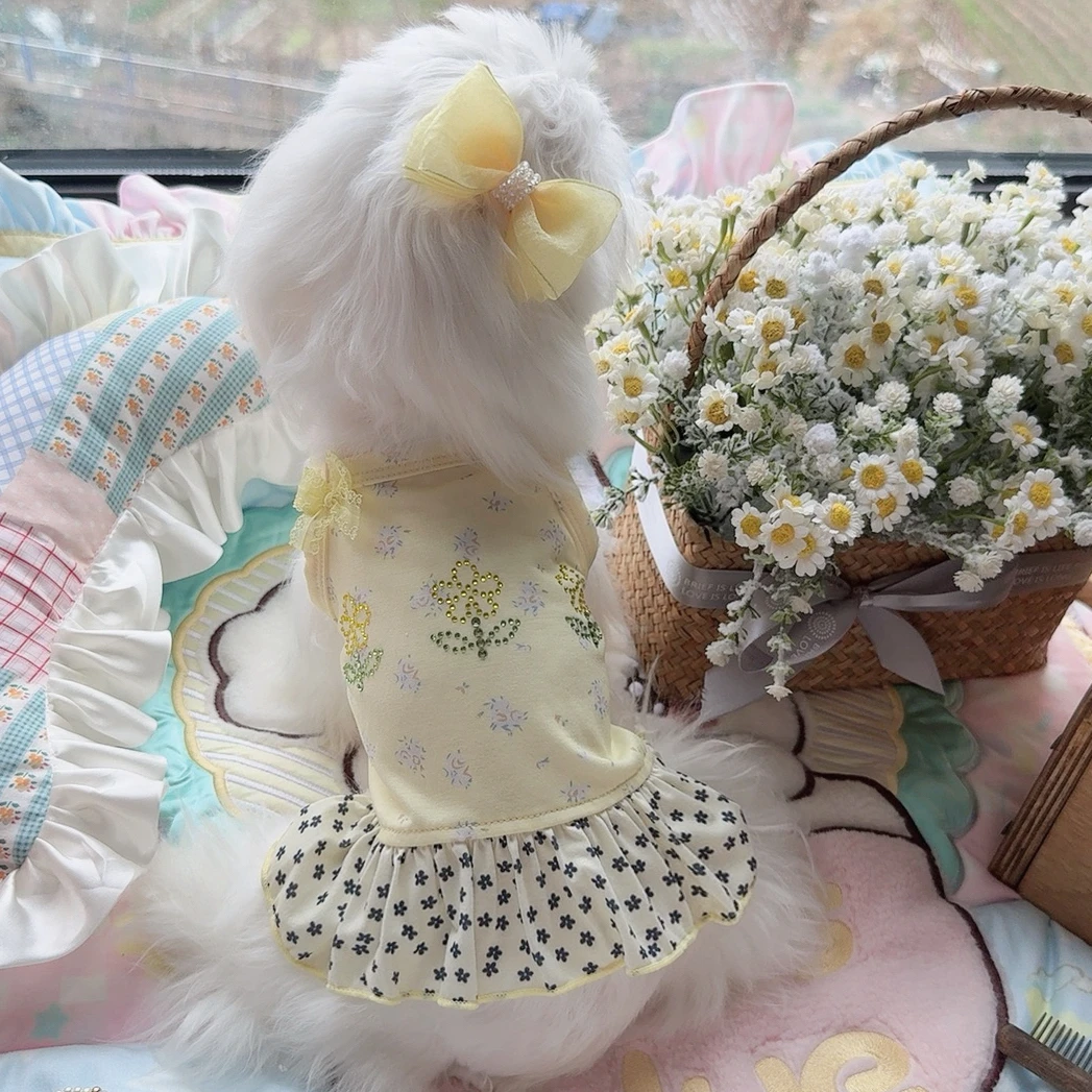 夏季新款宠物服三朵小花烫钻吊带裙