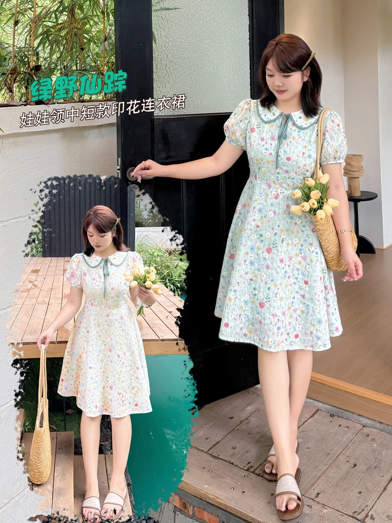 YH-3096大码女装中短款小个子翻领刺绣小花花荷叶领连衣裙