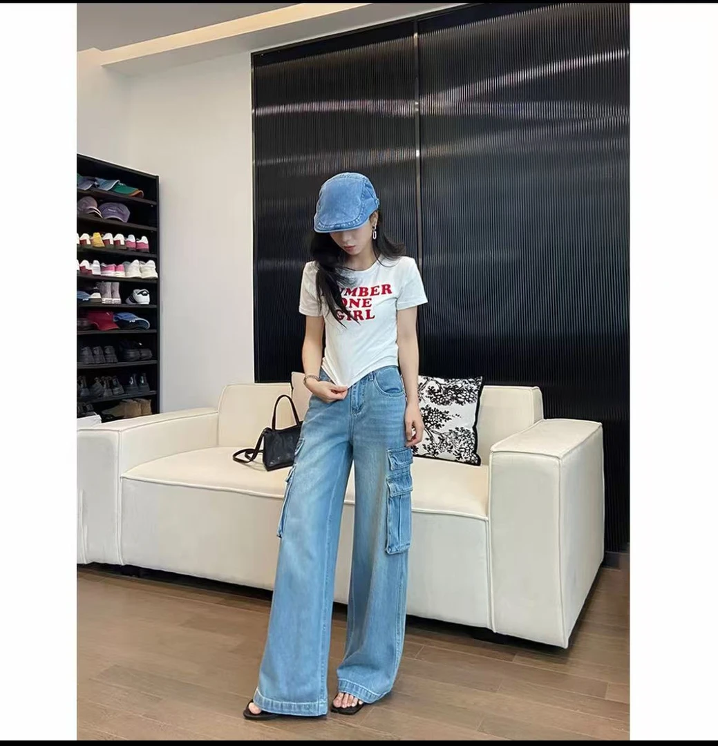 复古蓝2025爆款多口袋阔腿裤宽松百搭休闲工装牛仔裤女装68012