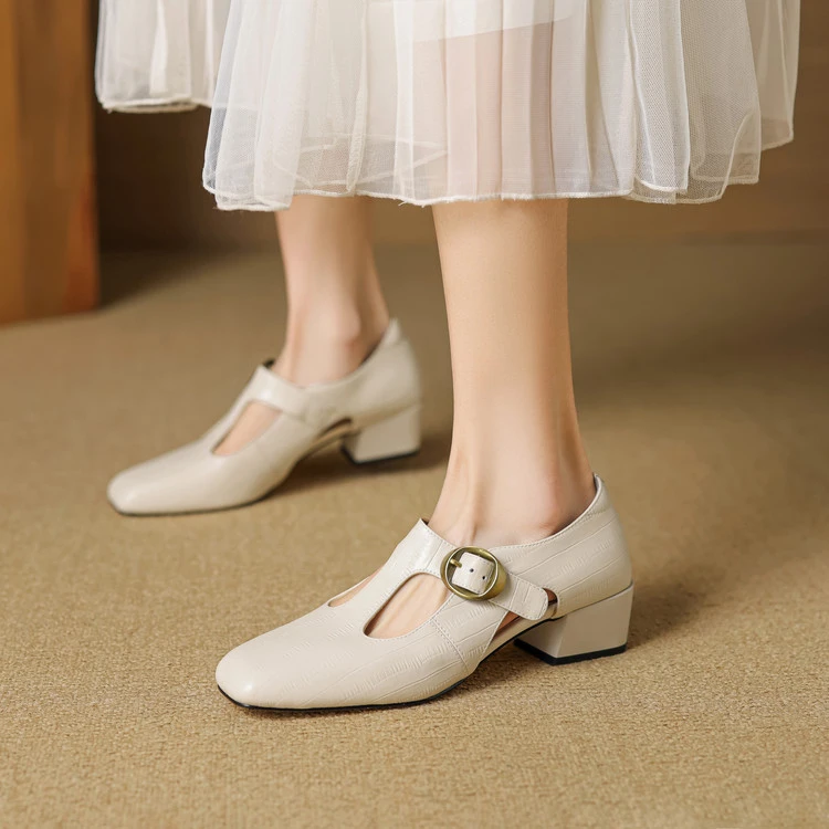 羊皮~4cm粗跟2025春秋新款真皮中跟软底软面玛丽珍鞋百搭女士单鞋