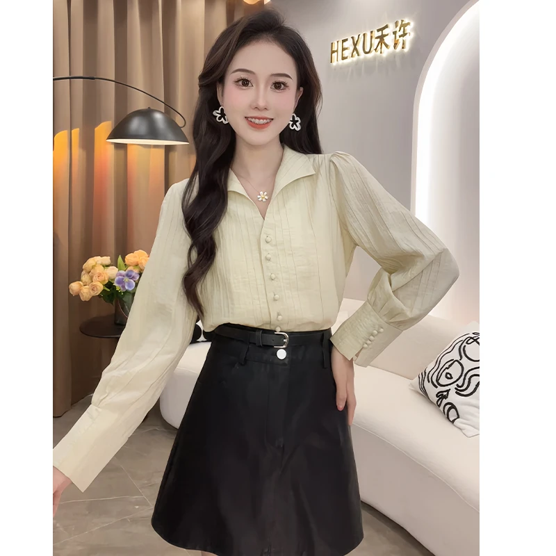 法式时尚显瘦V领长袖衬衫女2024年春季新款温柔风小众设计感上衣