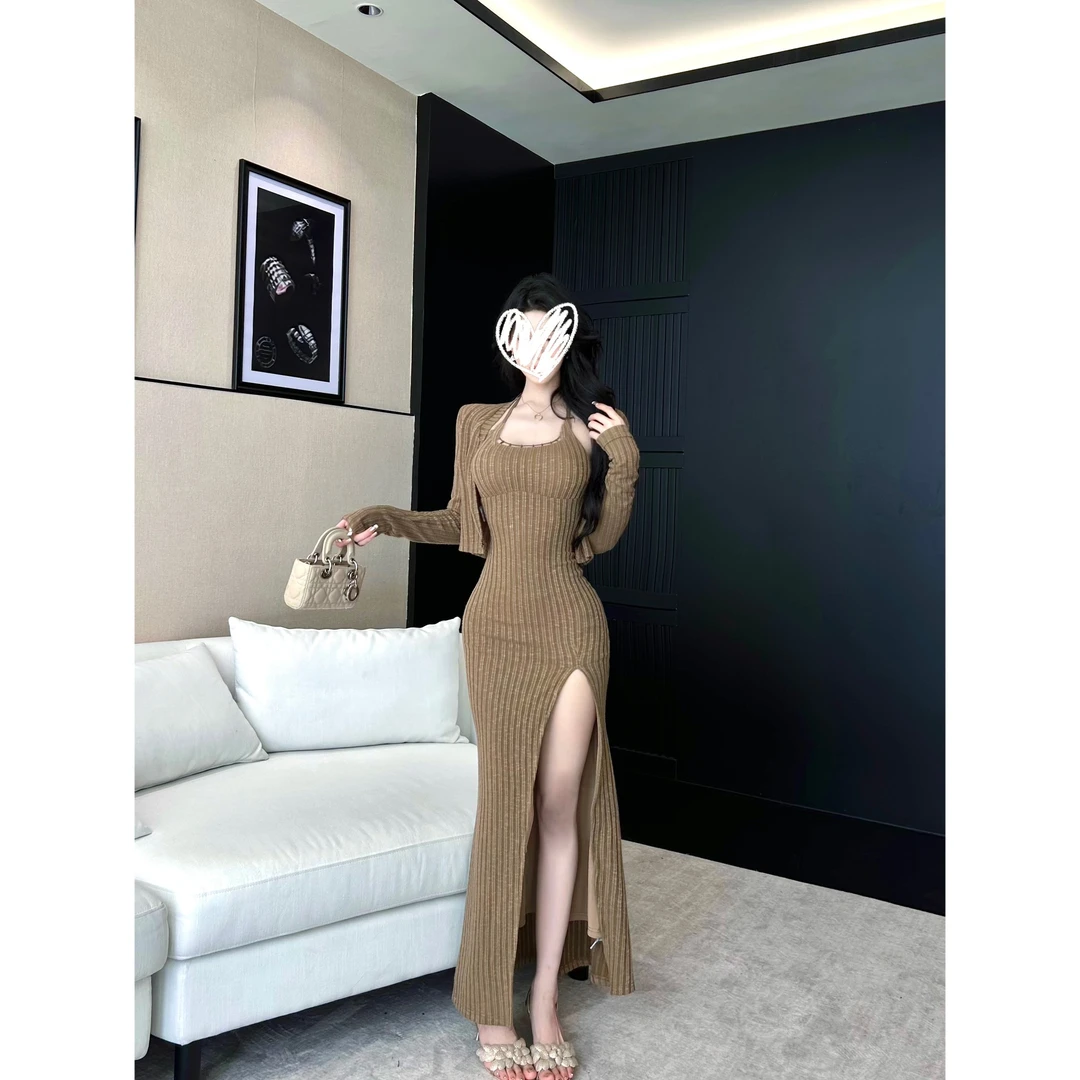 早秋纯欲穿搭长袖套装性感女装两件套开衫+吊带+挂脖连衣裙00163