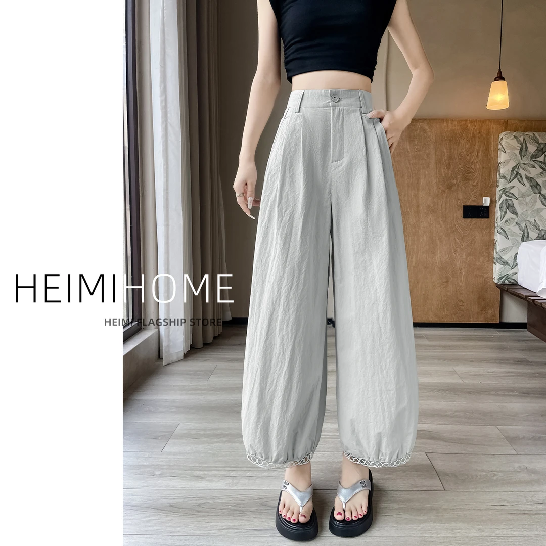 气质浅灰色镂空花边阔腿裤女夏季薄款休闲九分裤小个子压褶灯笼裤