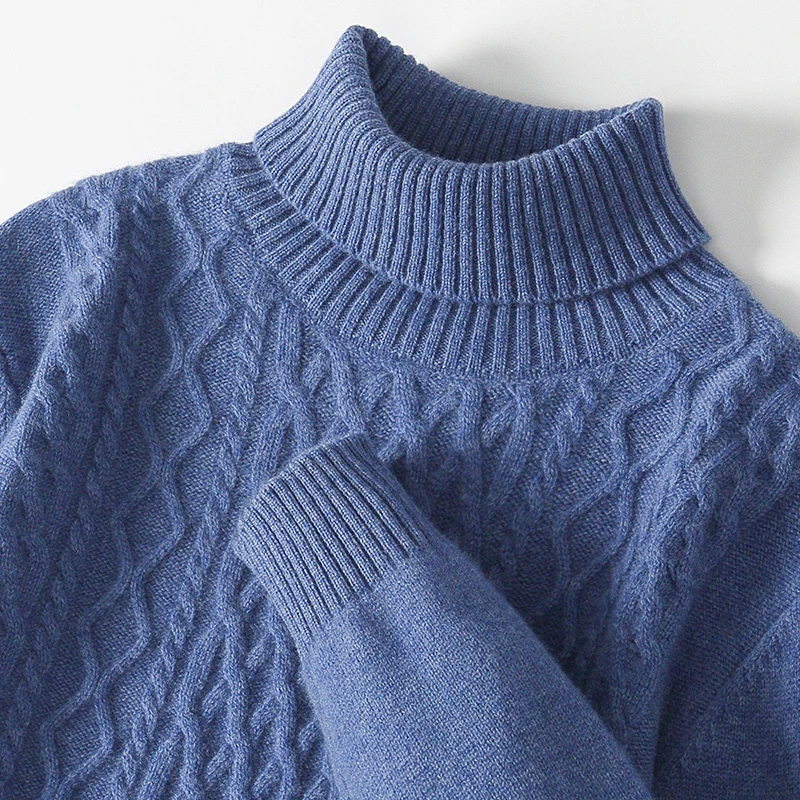 七针加厚高翻领纯色羊毛衫男士扭花套头打底衫菱形大码提花毛衣