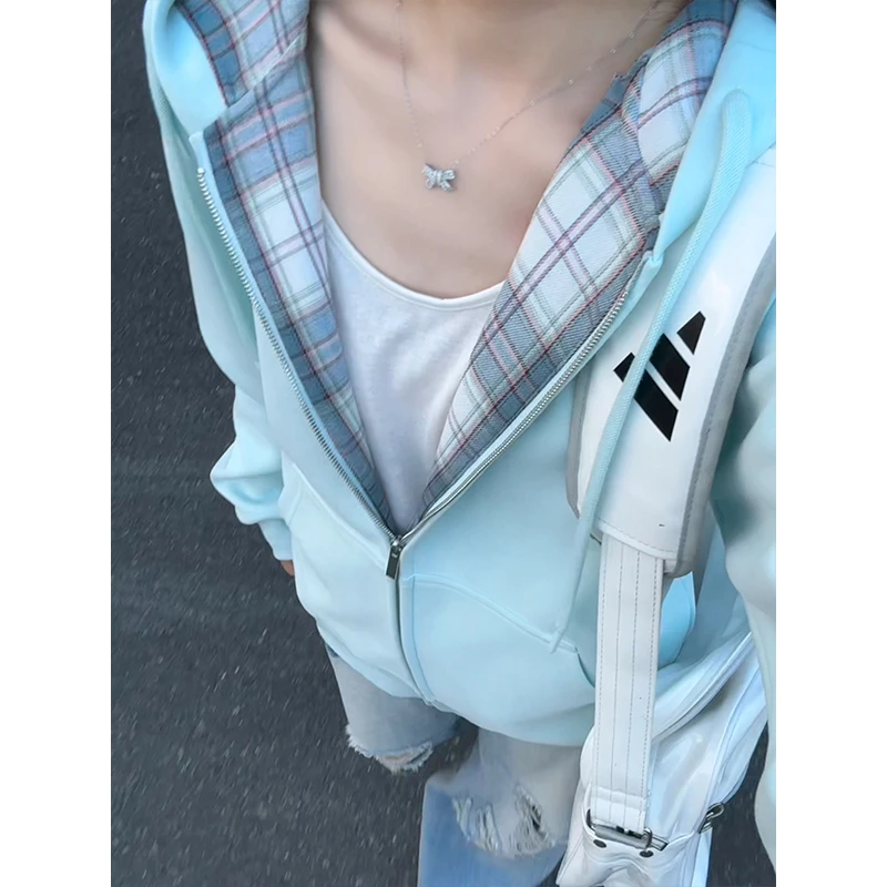 美式拼接格纹连帽卫衣男女情侣款秋冬季宽松潮牌穿搭重磅开衫外套