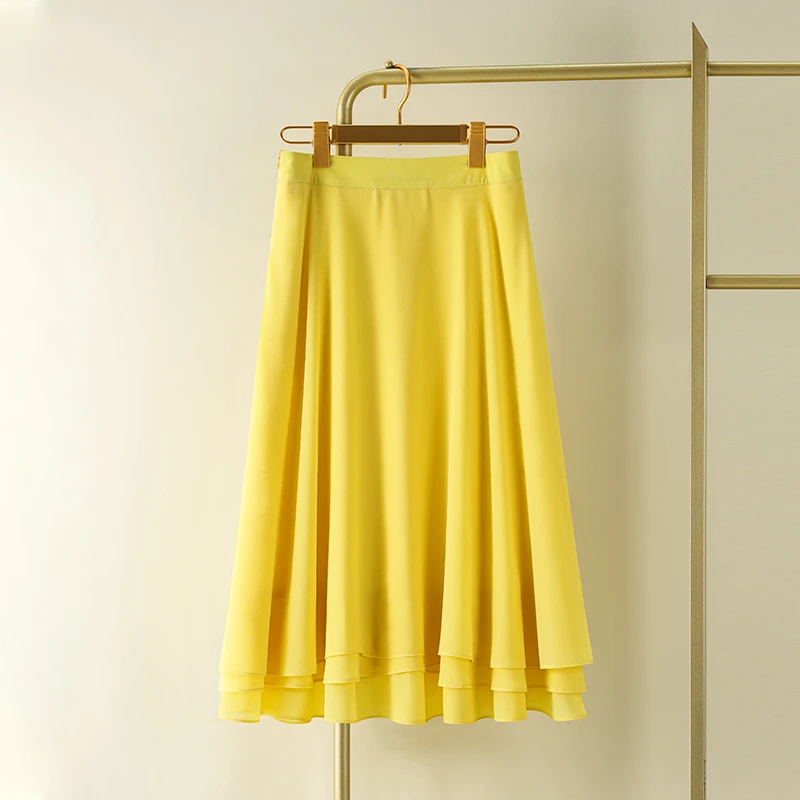 【欧若风】黄色雪纺半身裙伞裙夏季2025新款遮肉遮跨大摆裙今年流行