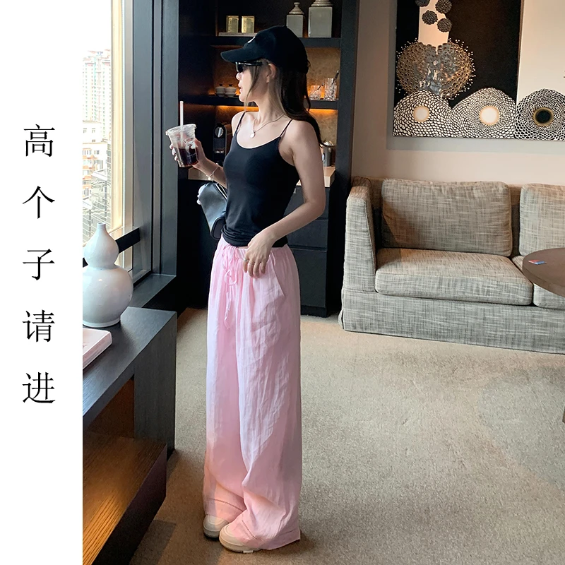 裤长112cm高个子加长粉色亚麻直筒女夏季慵懒垂感宽松显瘦拖地裤