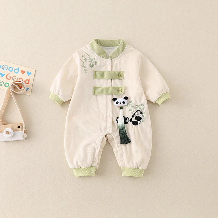 国风婴儿春装衣服男宝宝新中式连体衣春秋季外出满月百天哈衣爬服