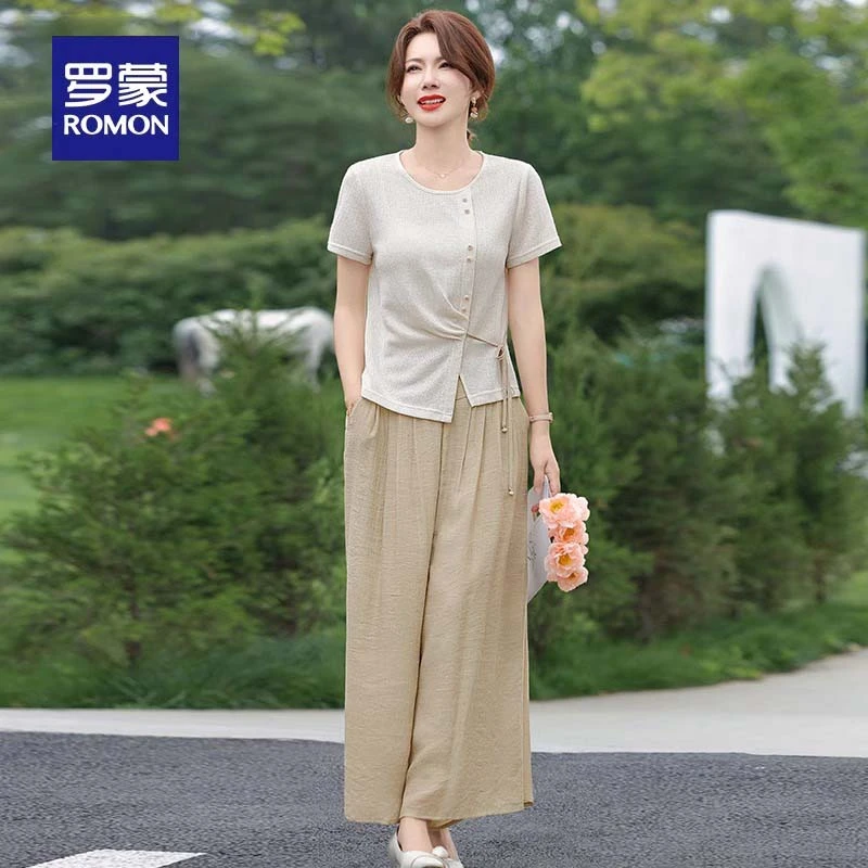罗蒙品牌年轻妈妈夏装洋气阔腿裤套装新款中年女夏季端庄短袖小衫